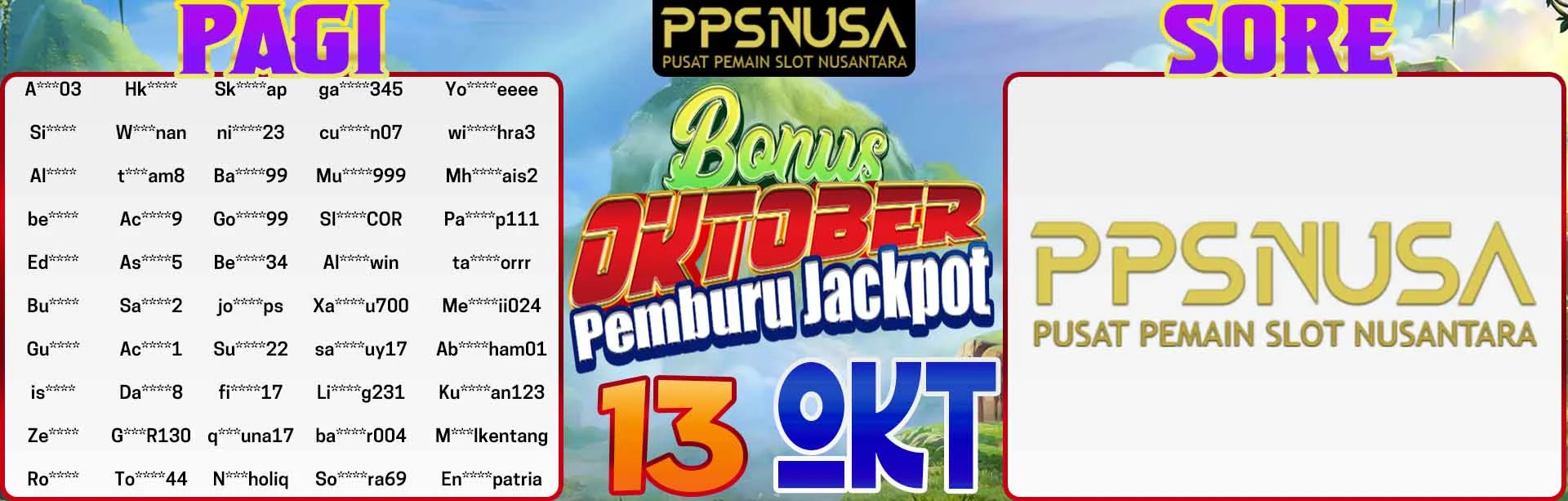 PEMENANG UNDIAN PAGI PPSNUSA BONUS OCOTBER JACKPOT 13 OCTOBER 2025			