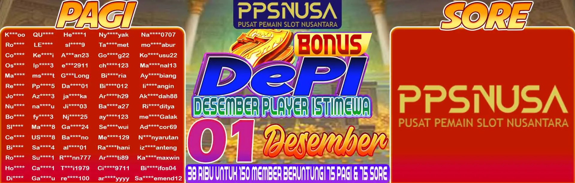 PEMENANG UNDIAN PAGI PPSNUSA "BONUS DePI (Desember Player Istimewa)" 1 DESEMBER 2025				