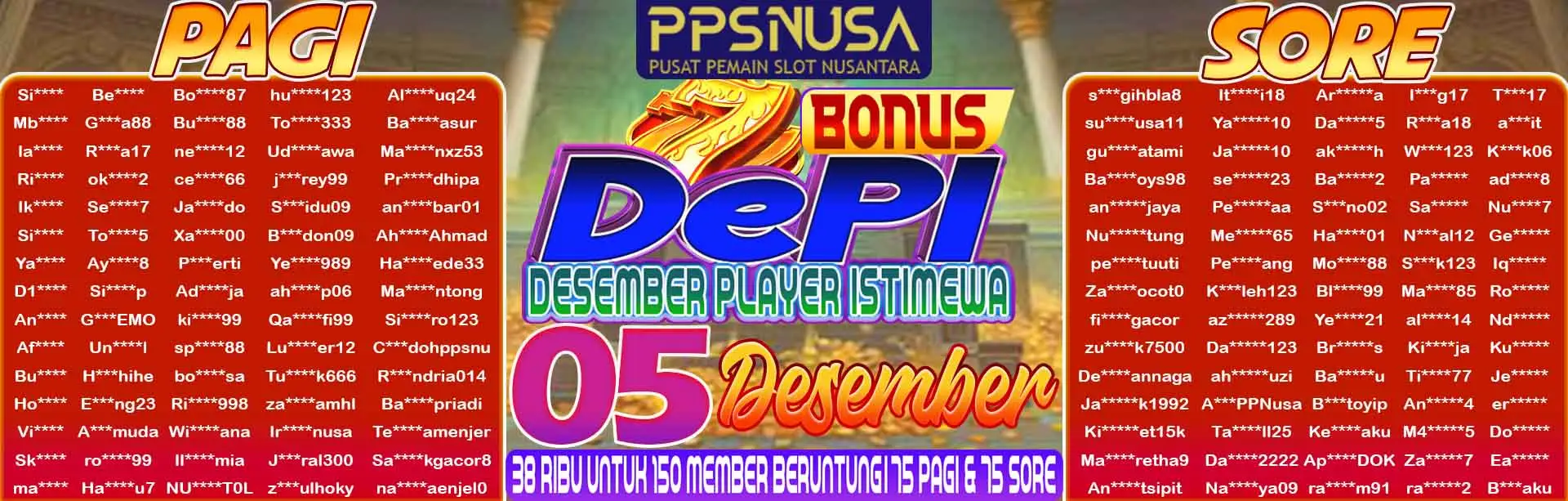 PEMENANG UNDIAN MALAM PPSNUSA "BONUS DePI (Desember Player Istimewa)" 5 DESEMBER 2025			