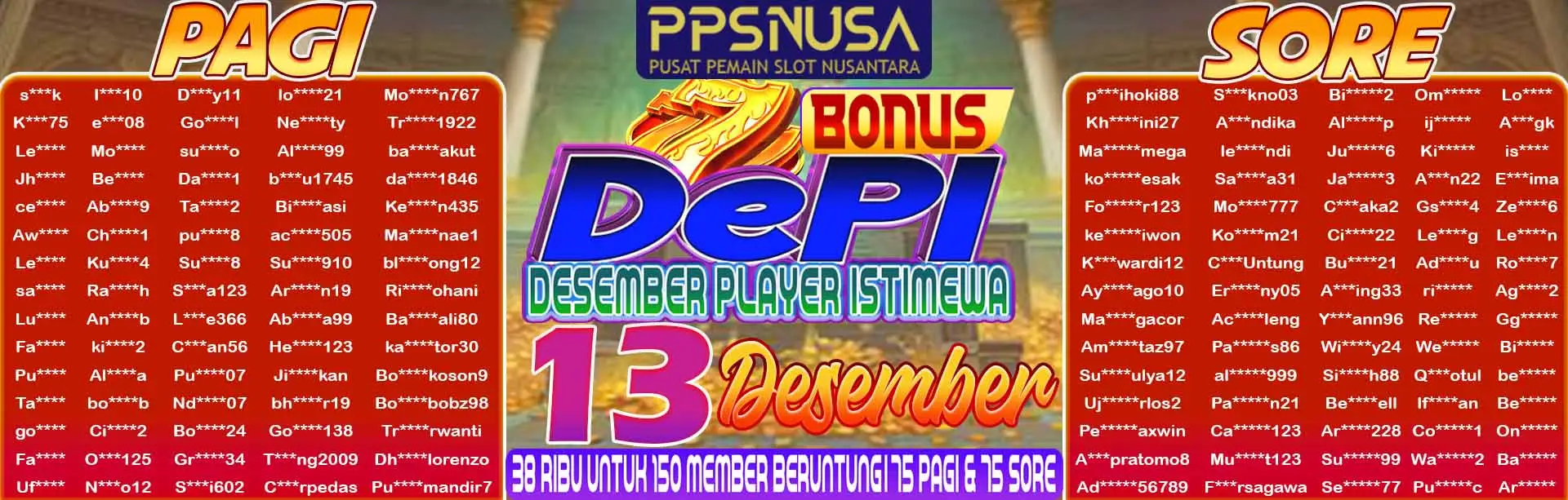 PEMENANG UNDIAN MALAM PPSNUSA "BONUS DePI (Desember Player Istimewa)" 13 DESEMBER 2025