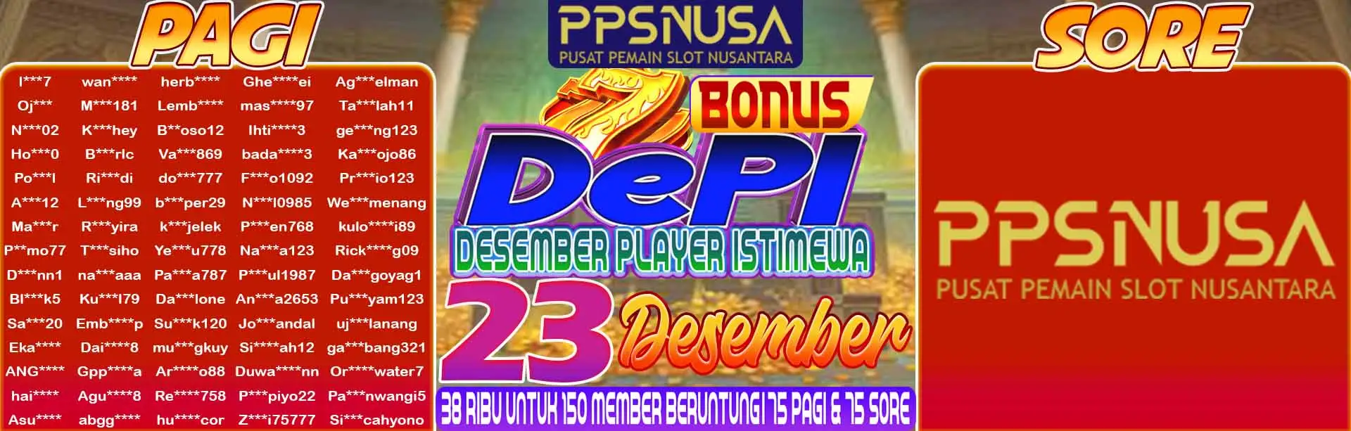PEMENANG UNDIAN PAGI PPSNUSA "BONUS DePI (Desember Player Istimewa)" 23 DESEMBER 2025