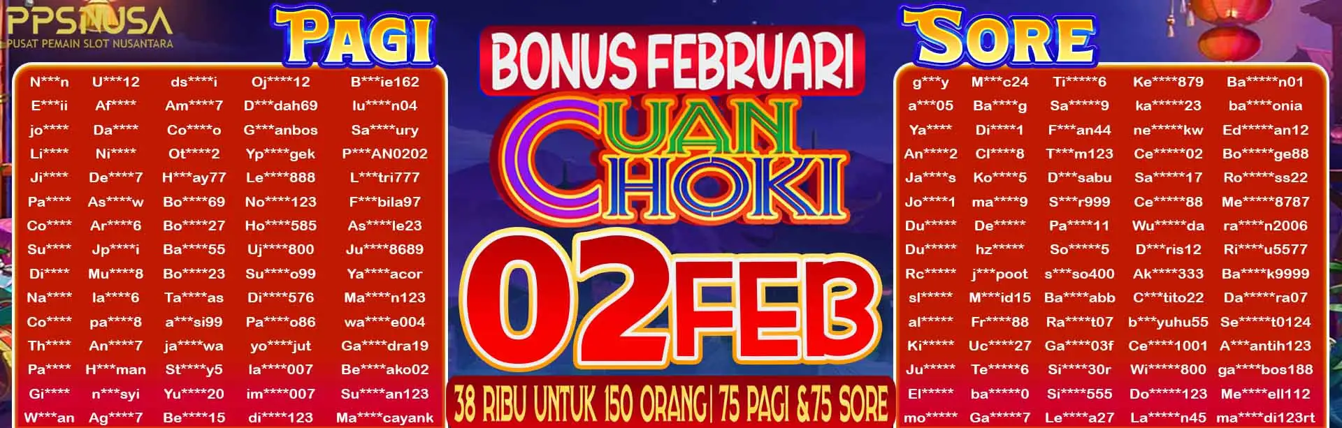 PEMENANG UNDIAN MALAM PPSNUSA "BONUS FEBRUARI CUAN HOKI" 2 FEBRUARI 2026 