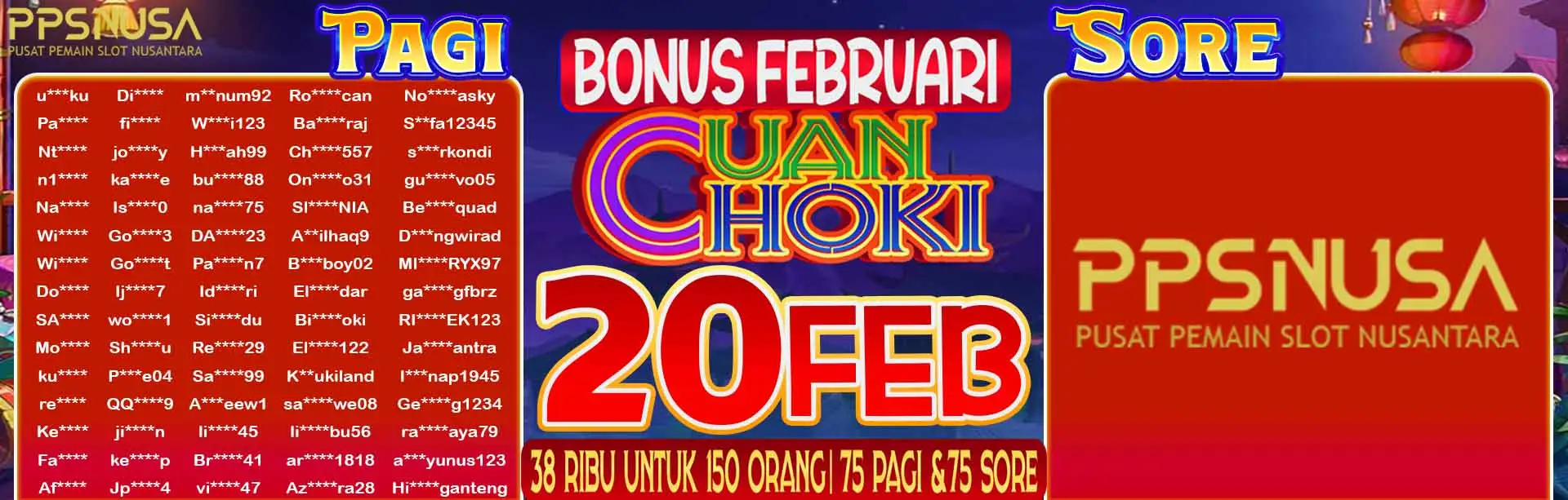 PEMENANG UNDIAN MALAM PPSNUSA "BONUS FEBRUARI CUAN HOKI" 20 FEBRUARI 2026