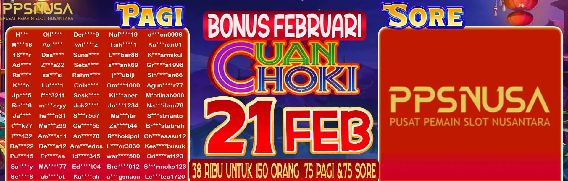 PEMENANG UNDIAN PAGI PPSNUSA "BONUS FEBRUARI CUAN HOKI" 21 FEBRUARI 2026				
