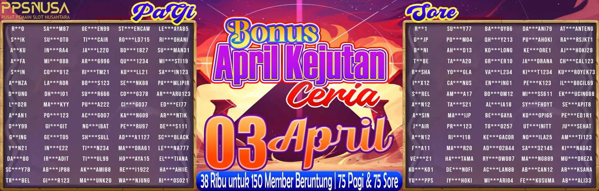 PEMENANG UNDIAN MALAM PPSNUSA "BONUS April Kejutan Ceria" 3 APRIL 2026				