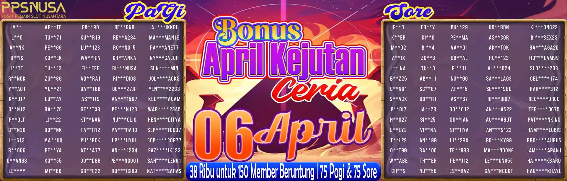PEMENANG UNDIAN MALAM PPSNUSA "BONUS April Kejutan Ceria" 6 APRIL 2026			
