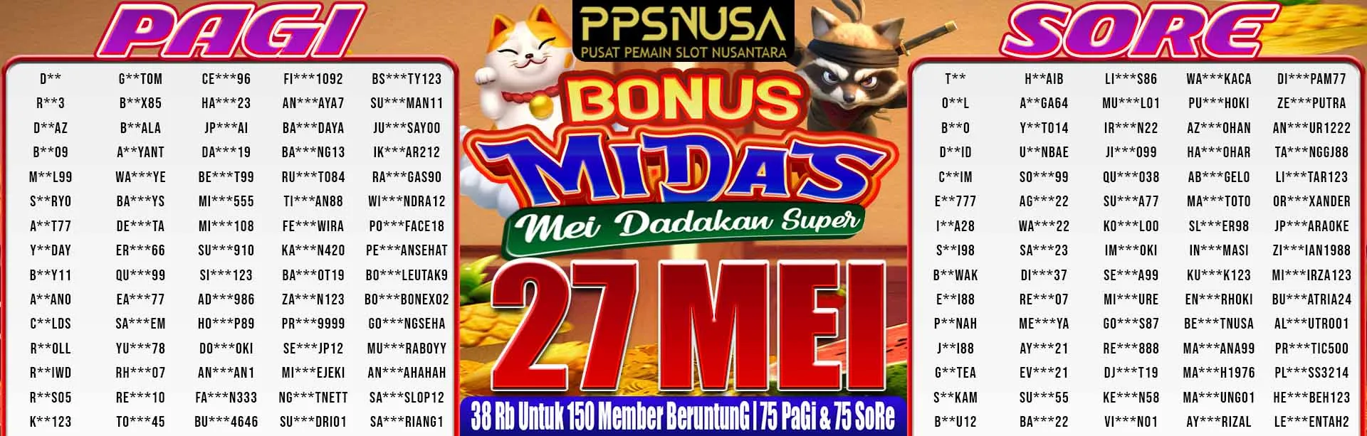 PEMENANG UNDIAN MALAM PPSNUSA "Bonus MiDaS (Mei Dadakan Super)" 27 MEI 2026			