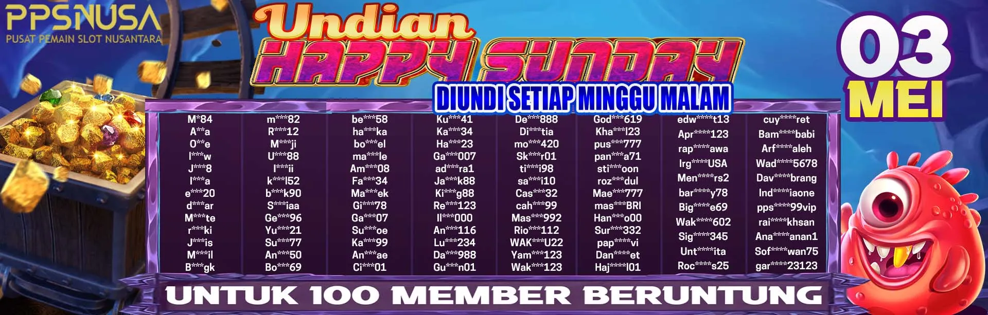 PEMENANG BONUS UNDIAN HAPPY SUNDAY PPSNUSA 03 MEI 2026 